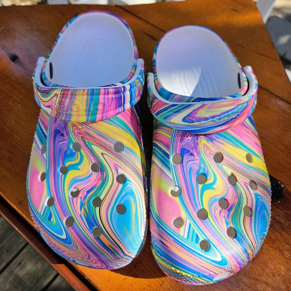 CROCS Multicolor Swirl Classic Clog - Pink, Blue, Yellow, Green, Purple - Picture 2 of 5